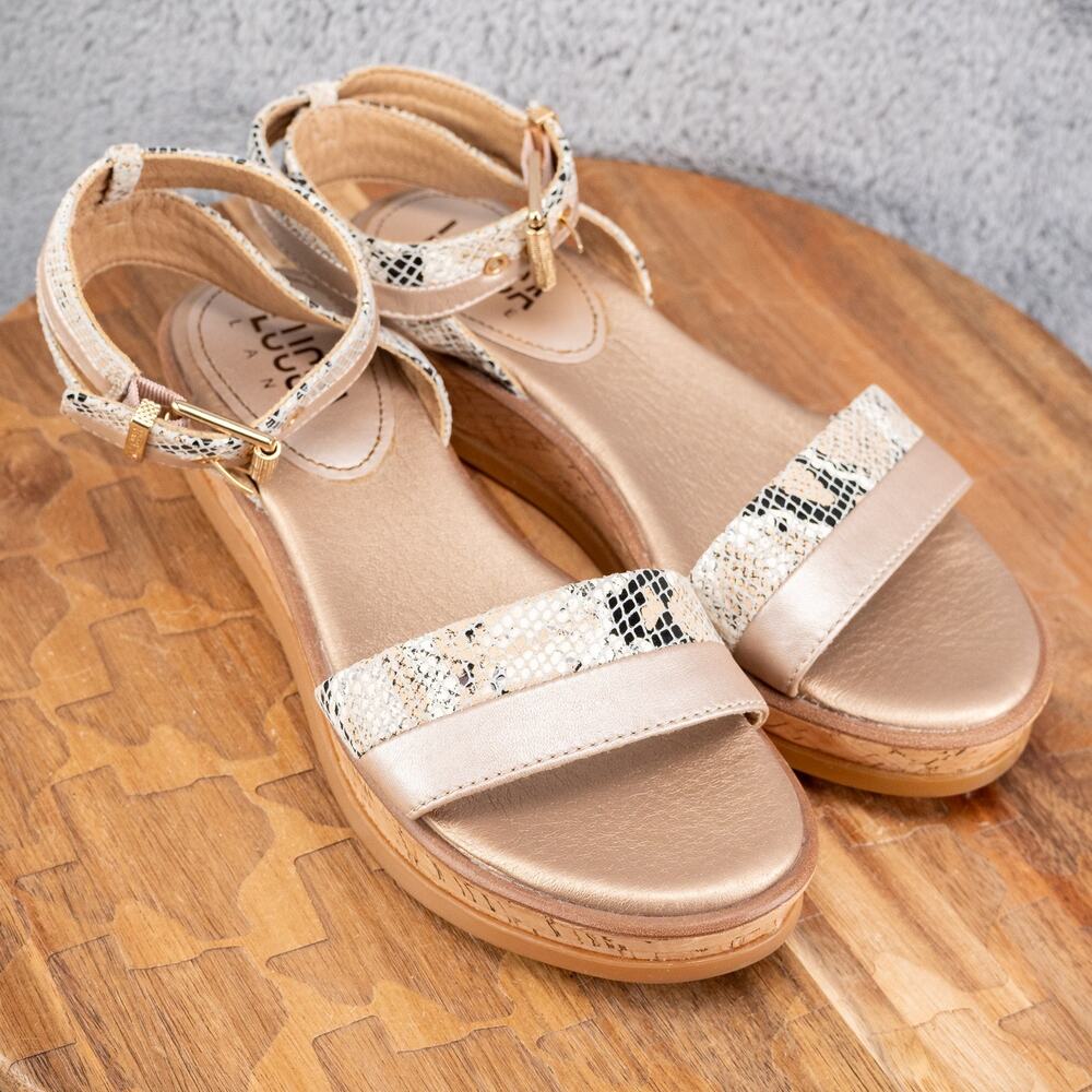 Lucca‎ Lane Karel Cork Wedge Sandals Leather Snake Print Shoes Size 7 M